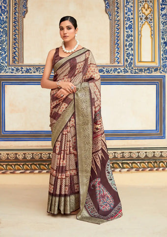 India Silk Brown Sarees Made From Dola Handloom Silk Showcase Exquisite Craftsmanship And Rich Heritage