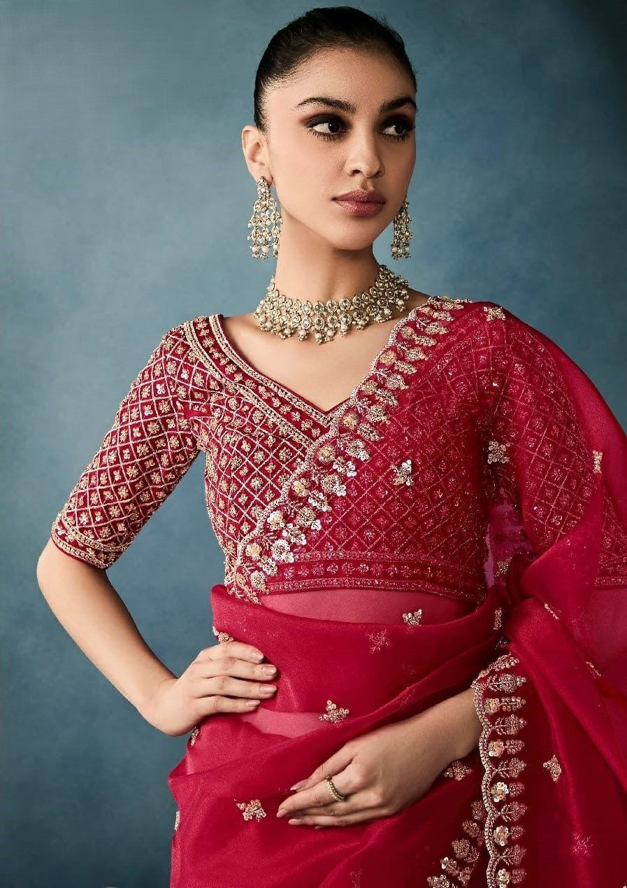 India Silk Red Sarees Crafted From Pure Fancy Fabric Showcase Delicate Hand-Worked Borders