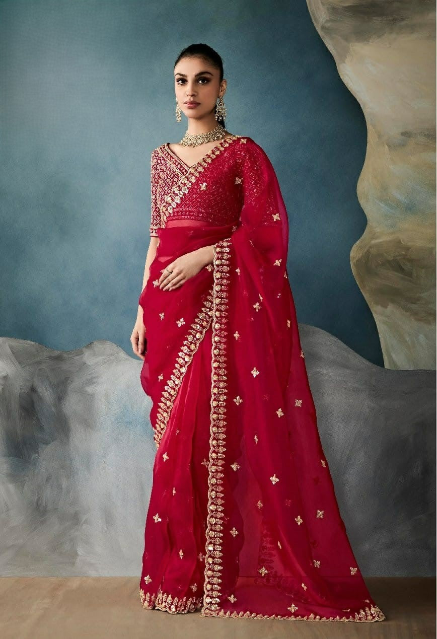 India Silk Red Sarees Crafted From Pure Fancy Fabric Showcase Delicate Hand-Worked Borders