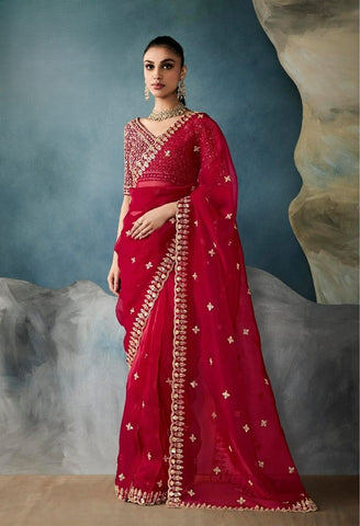 India Silk Red Sarees Crafted From Pure Fancy Fabric Showcase Delicate Hand-Worked Borders