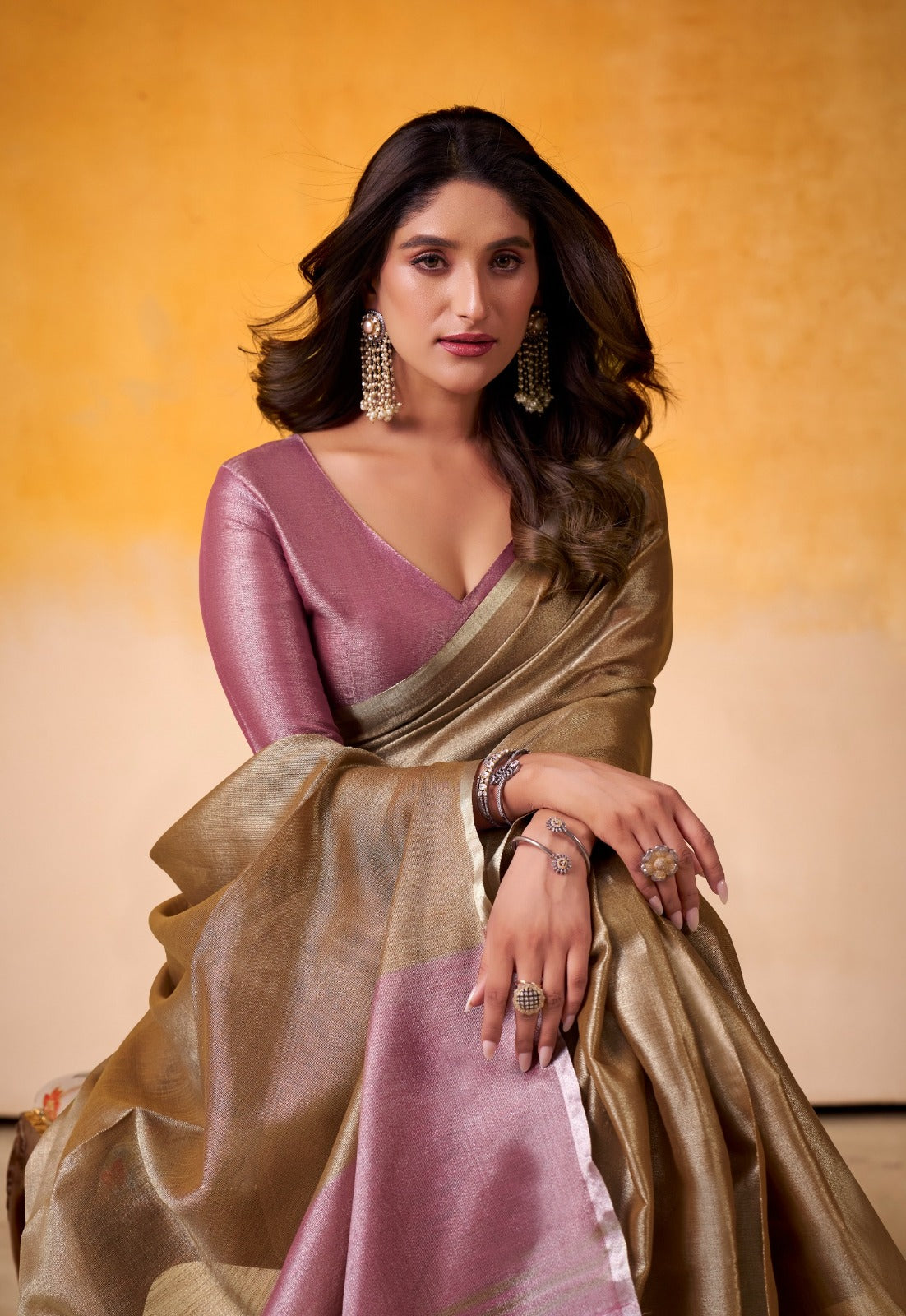 India Silk Golden beige Tissue Silk Sarees Offer A Perfect Blend Of Tradition And Comfort