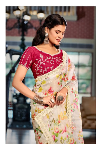 India Silk White Outfit Features Luxurious Heavy Burberry Fabric Enhanced With A Beautifully