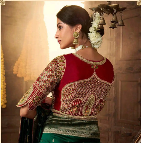 India Silk Dark Green Sarees Showcase Pure Silk Weaving Combined With Fancy Fabric