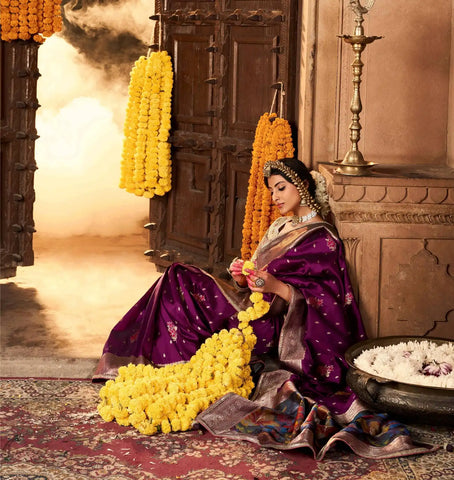 India Silk Purple Sarees Showcase Pure Silk Weaving Combined With Fancy Fabric