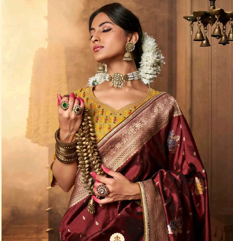 India Silk Maroon Sarees Showcase Pure Silk Weaving Combined With Fancy Fabric