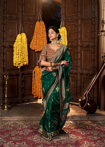 India Silk Dark Green Sarees Showcase Pure Silk Weaving Combined With Fancy Fabric
