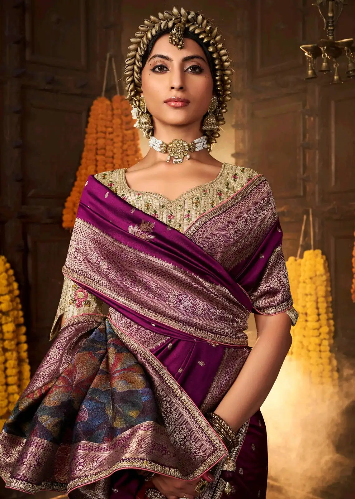 India Silk Purple Sarees Showcase Pure Silk Weaving Combined With Fancy Fabric