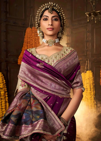 India Silk Purple Sarees Showcase Pure Silk Weaving Combined With Fancy Fabric