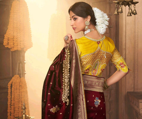 India Silk Maroon Sarees Showcase Pure Silk Weaving Combined With Fancy Fabric