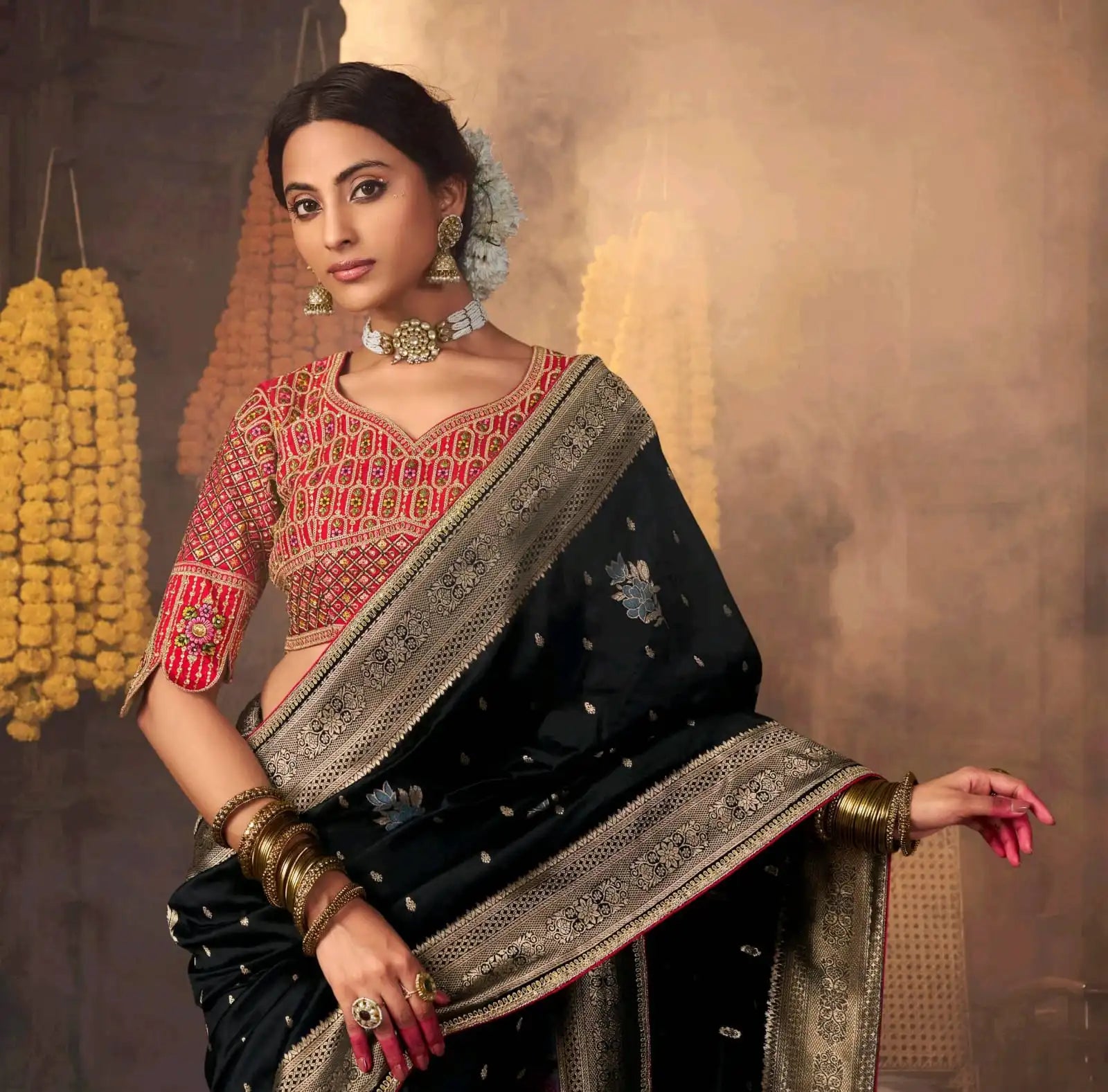 India Silk Black Sarees Showcase Pure Silk Weaving Combined With Fancy Fabric