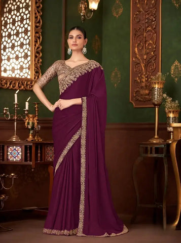 India Silk Purple Sarees Crafted From Soft Dola Viscose Silk Offer A Luxurious Feel And Graceful Drape