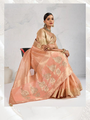 India Silk Beige Sarees Feature Premium Tissue Linen Fabric Enhanced With A Woven