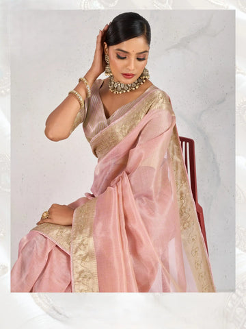 India Silk Rose Pink  Sarees Feature Premium Tissue Linen Fabric Enhanced With A Woven