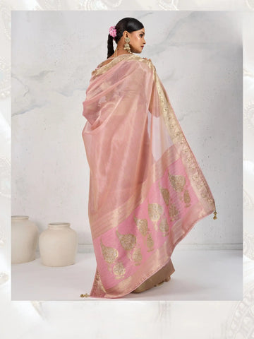 India Silk Rose Pink  Sarees Feature Premium Tissue Linen Fabric Enhanced With A Woven