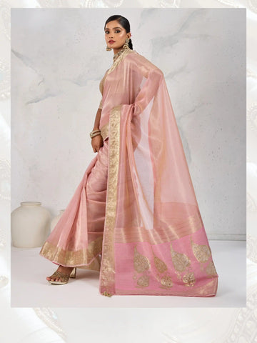 India Silk Rose Pink  Sarees Feature Premium Tissue Linen Fabric Enhanced With A Woven