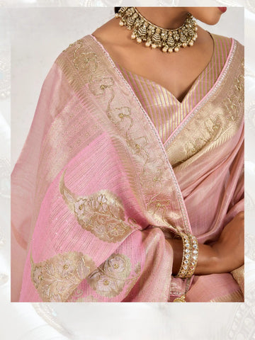 India Silk Rose Pink  Sarees Feature Premium Tissue Linen Fabric Enhanced With A Woven