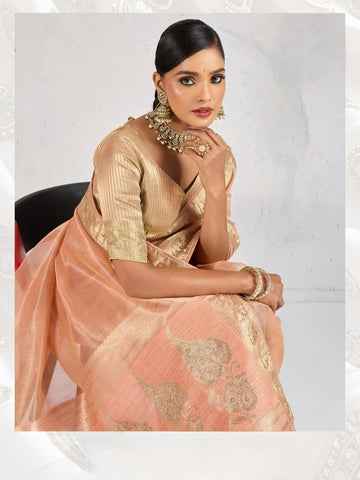 India Silk Beige Sarees Feature Premium Tissue Linen Fabric Enhanced With A Woven