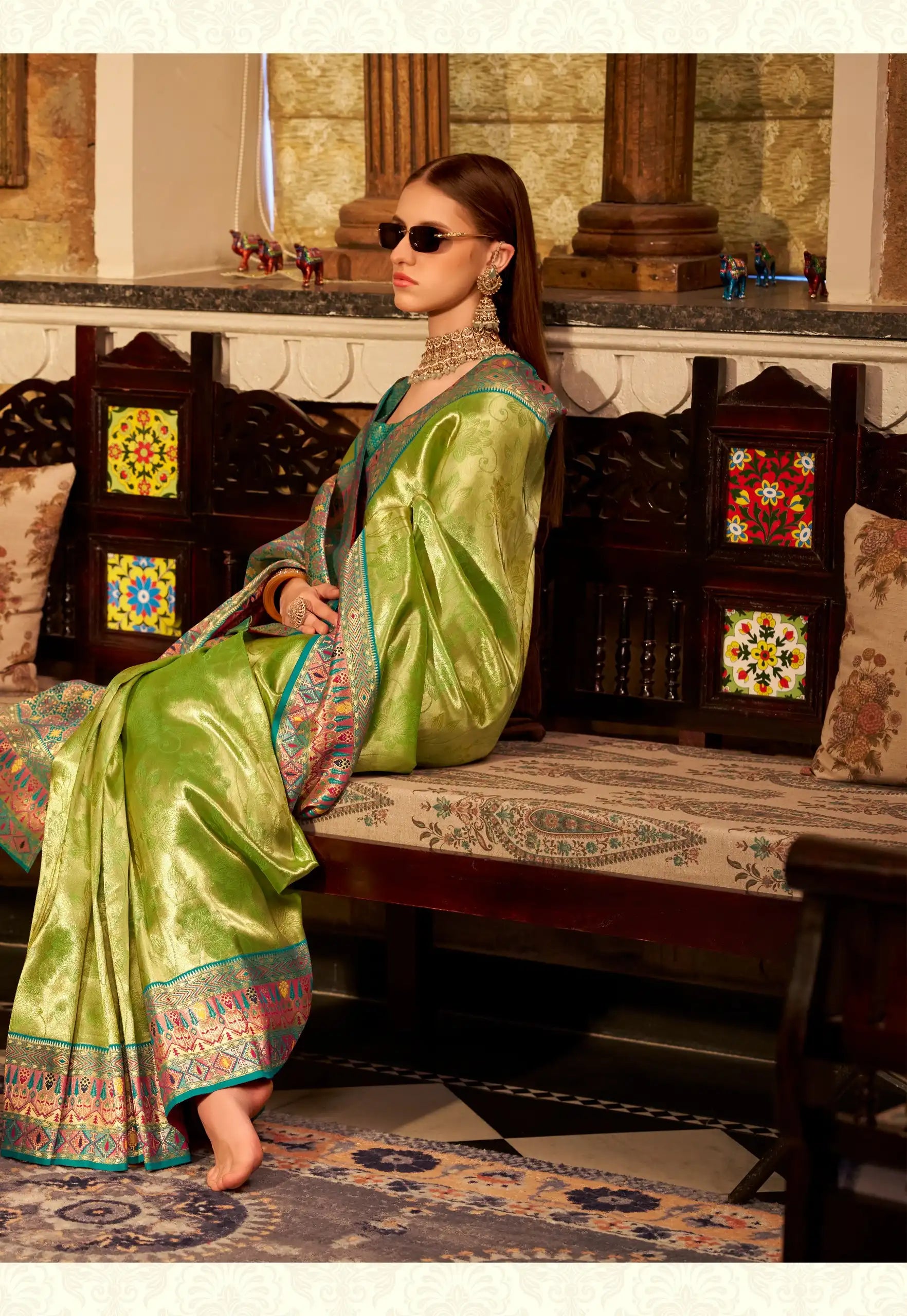 India Silk Mint Green Sarees Crafted From Premium Tissue Silk Offer A Luxurious Blend Of Softness