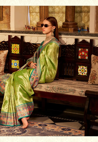 India Silk Mint Green Sarees Crafted From Premium Tissue Silk Offer A Luxurious Blend Of Softness