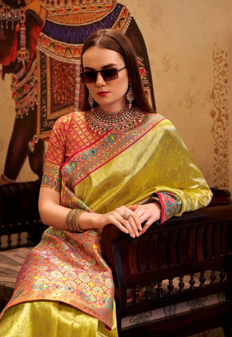 India Silk Yellow Sarees Crafted From Premium Tissue Silk Offer A Luxurious Blend Of Softness