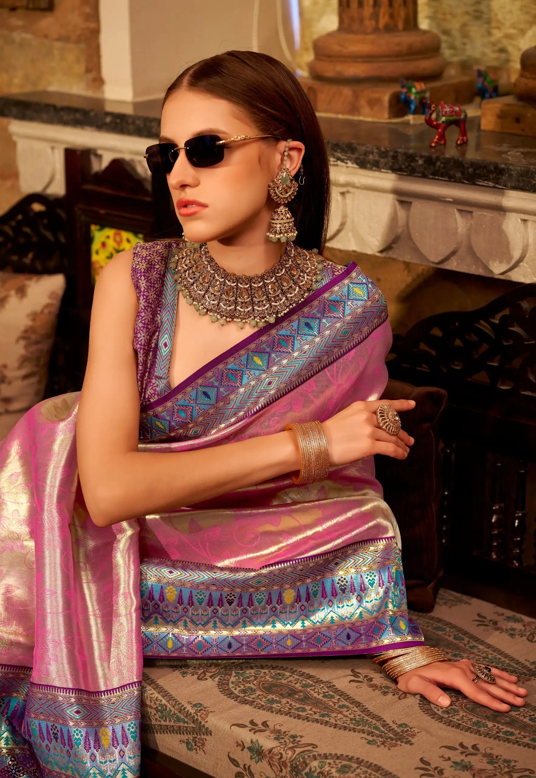 India Silk Pink Sarees Crafted From Premium Tissue Silk Offer A Luxurious Blend Of Softness