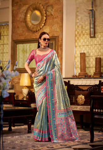 India Silk Off-White And Blue Sarees Crafted From Premium Tissue Silk Offer A Luxurious Blend Of Softness