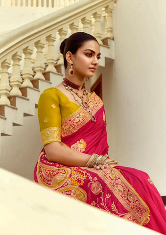 India Silk Pink Presents A Pure Viscose Saree Featuring A Delicately Hand-Worked Body That Showcases Exquisite Craftsmanship