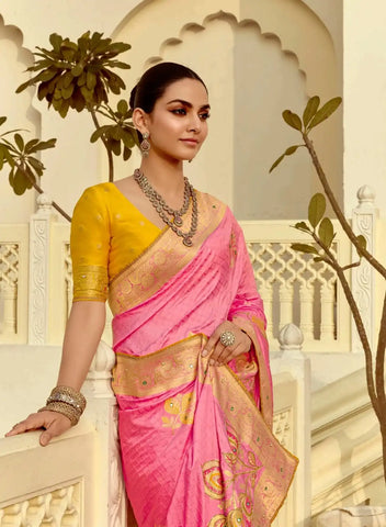 India Silk Pink Presents A Pure Viscose Saree Featuring A Delicately Hand-Worked Body That Showcases Exquisite Craftsmanship