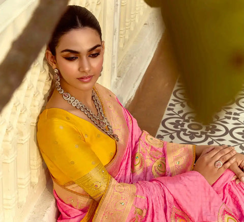 India Silk Pink Presents A Pure Viscose Saree Featuring A Delicately Hand-Worked Body That Showcases Exquisite Craftsmanship