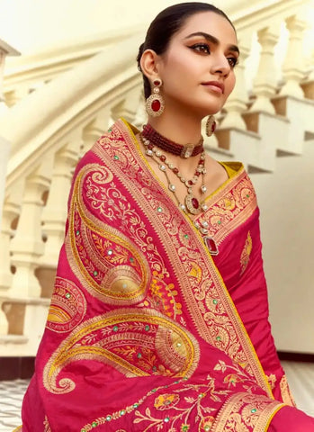 India Silk Pink Presents A Pure Viscose Saree Featuring A Delicately Hand-Worked Body That Showcases Exquisite Craftsmanship