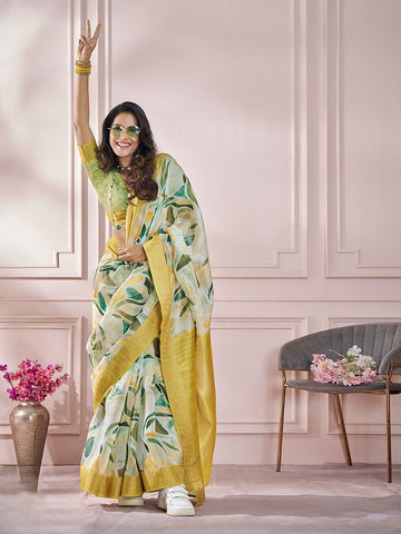 India Silk Yellow And White Fancy Fabric offers a luxurious blend of texture and color, perfect for adding elegance