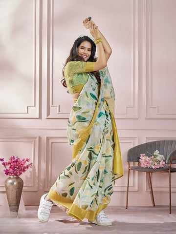 India Silk Yellow And White Fancy Fabric offers a luxurious blend of texture and color, perfect for adding elegance