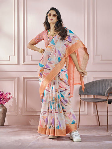 India Silk White And Orange Boder Fancy Fabric offers a luxurious blend of texture and color, perfect for adding elegance