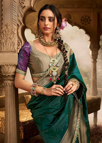 India Silk Dark Green Silk Sarees Are Crafted From Soft Banarasi Silk Fancy Fabric Featuring A Beautiful Lace