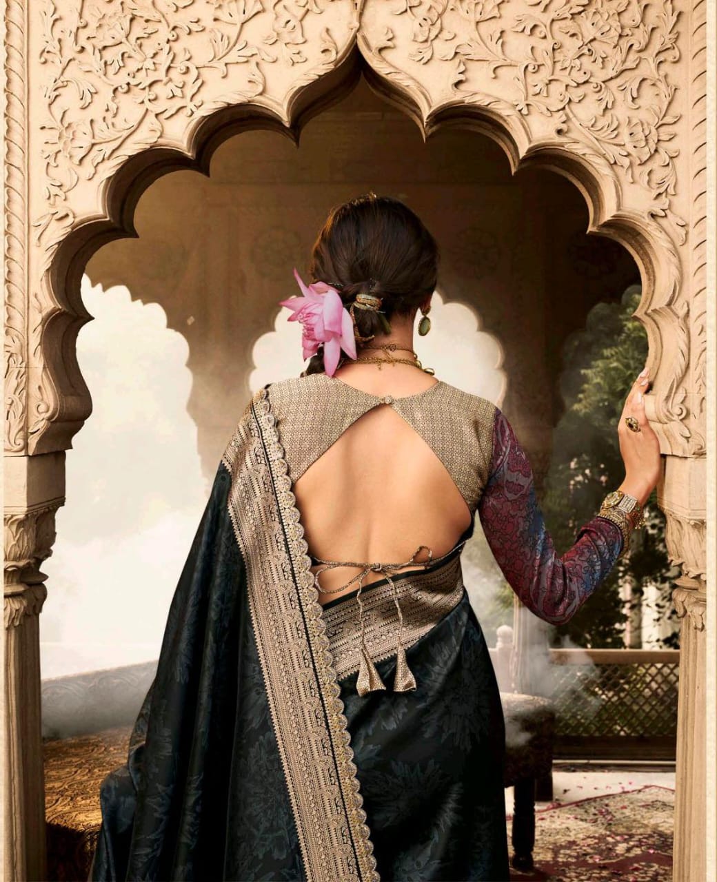 India Silk Black Silk Sarees Are Crafted From Soft Banarasi Silk Fancy Fabric Featuring A Beautiful Lace