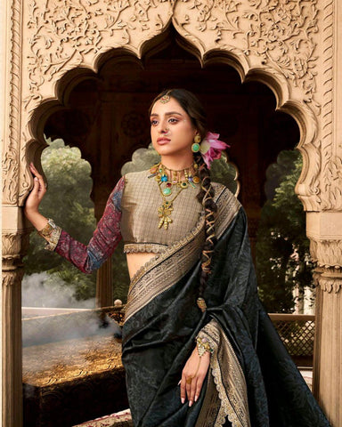 India Silk Black Silk Sarees Are Crafted From Soft Banarasi Silk Fancy Fabric Featuring A Beautiful Lace