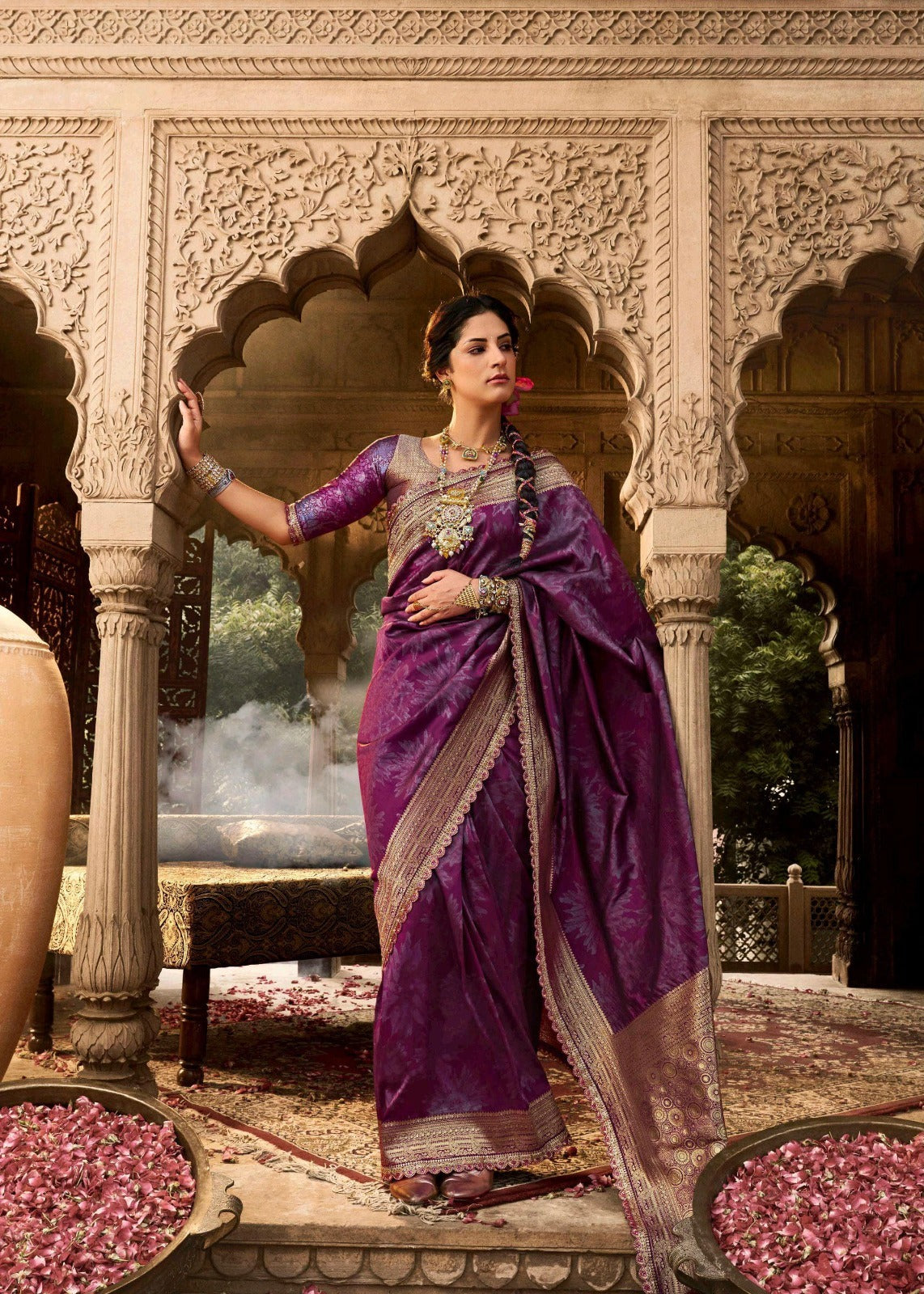 India Silk Purple Silk Sarees Are Crafted From Soft Banarasi Silk Fancy Fabric Featuring A Beautiful Lace