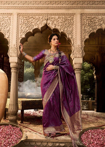 India Silk Purple Silk Sarees Are Crafted From Soft Banarasi Silk Fancy Fabric Featuring A Beautiful Lace