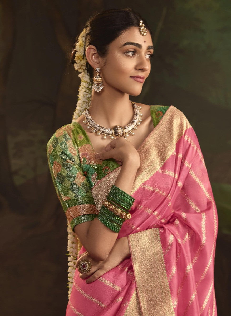 India Silk Pink Presents Pure Crepe Dola Silk Sarees Featuring Elegant Zari Weaving And Unique