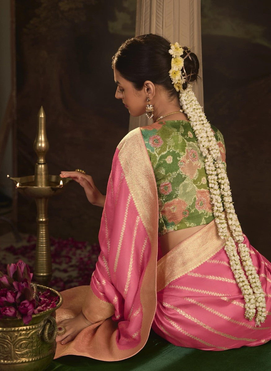 India Silk Pink Presents Pure Crepe Dola Silk Sarees Featuring Elegant Zari Weaving And Unique
