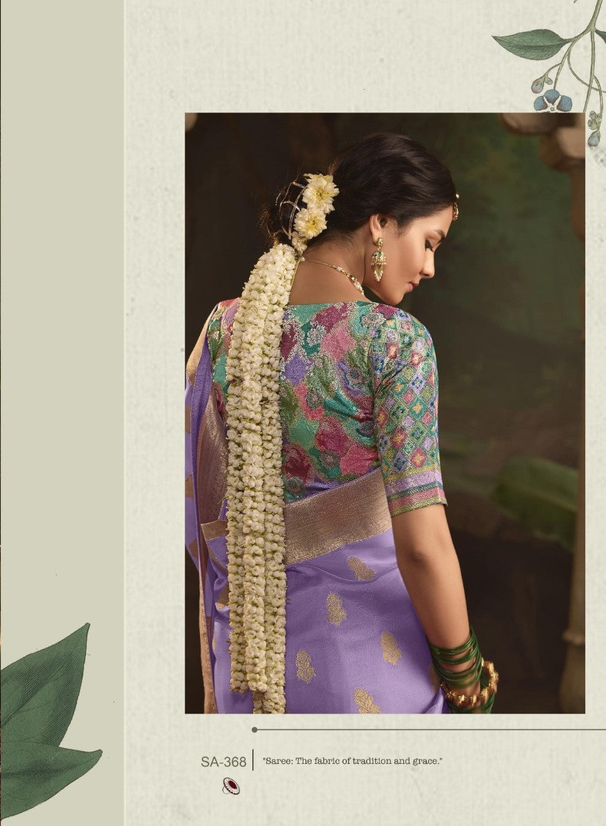 India Silk Blue Lavender Presents Pure Crepe Dola Silk Sarees Featuring Elegant Zari Weaving And Unique