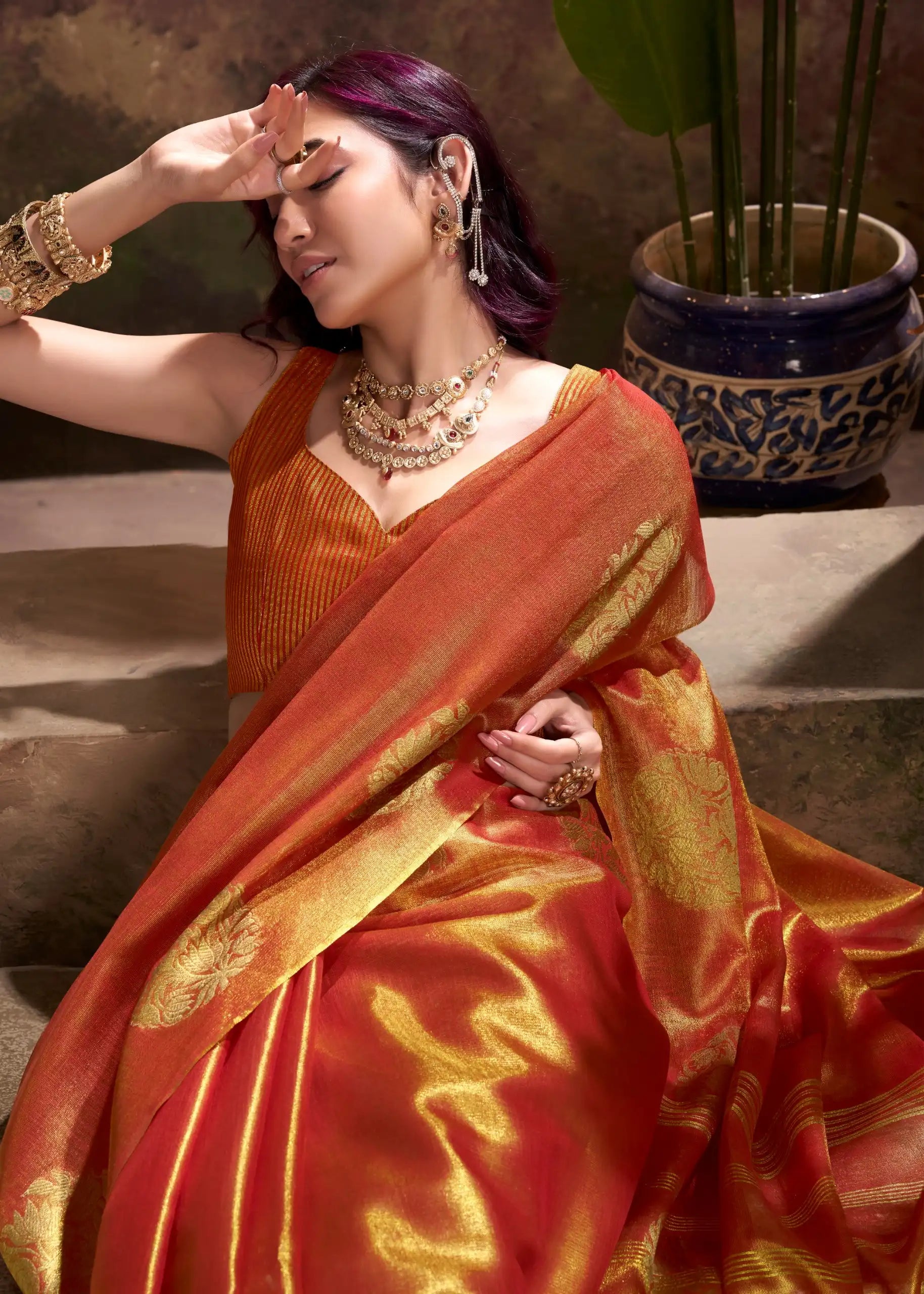 India Silk Orange Tissue Silk Sarees Offer A Perfect Blend Of Tradition And Elegance Crafted From Fine Tissue Silk