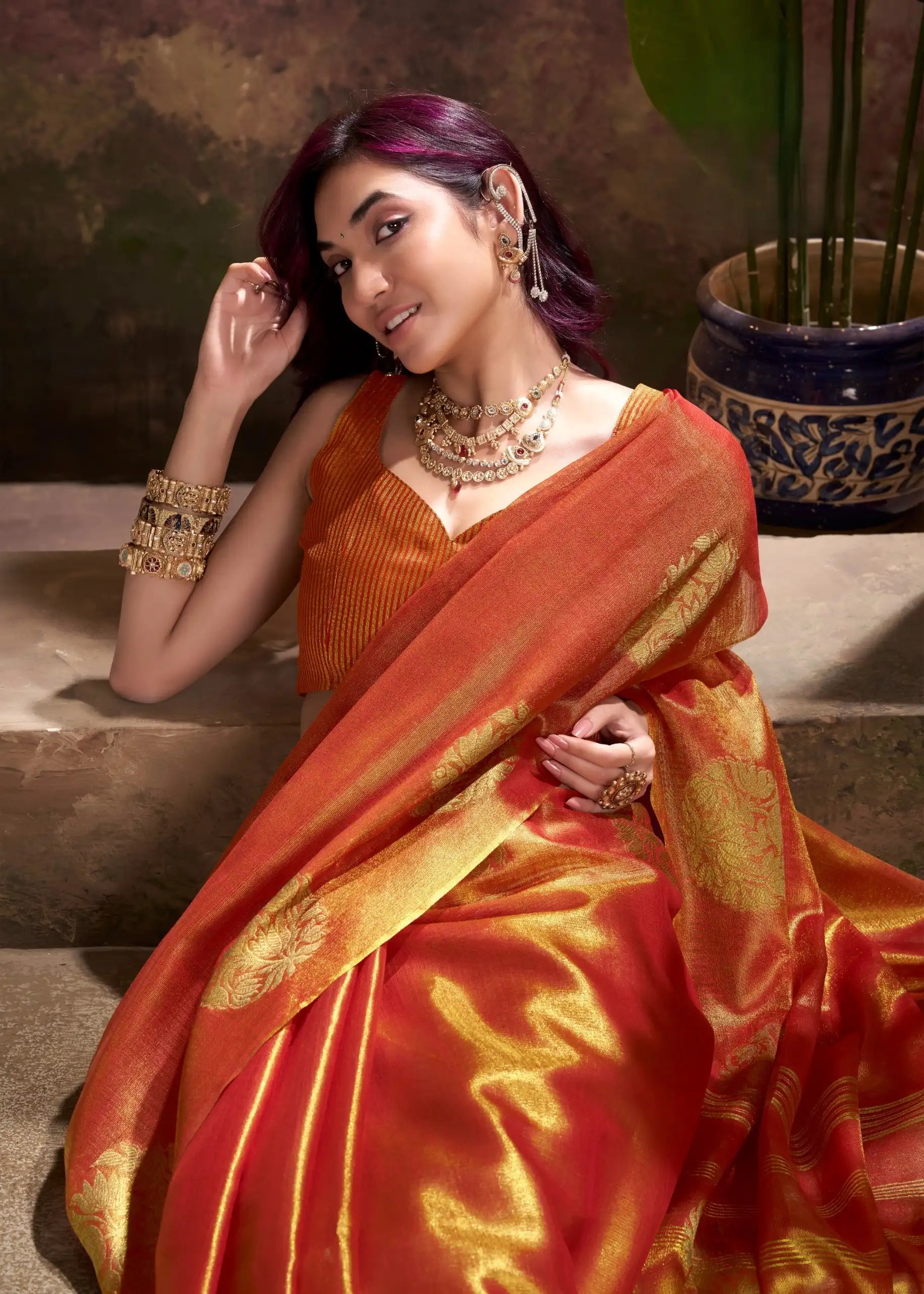 India Silk Orange Tissue Silk Sarees Offer A Perfect Blend Of Tradition And Elegance Crafted From Fine Tissue Silk