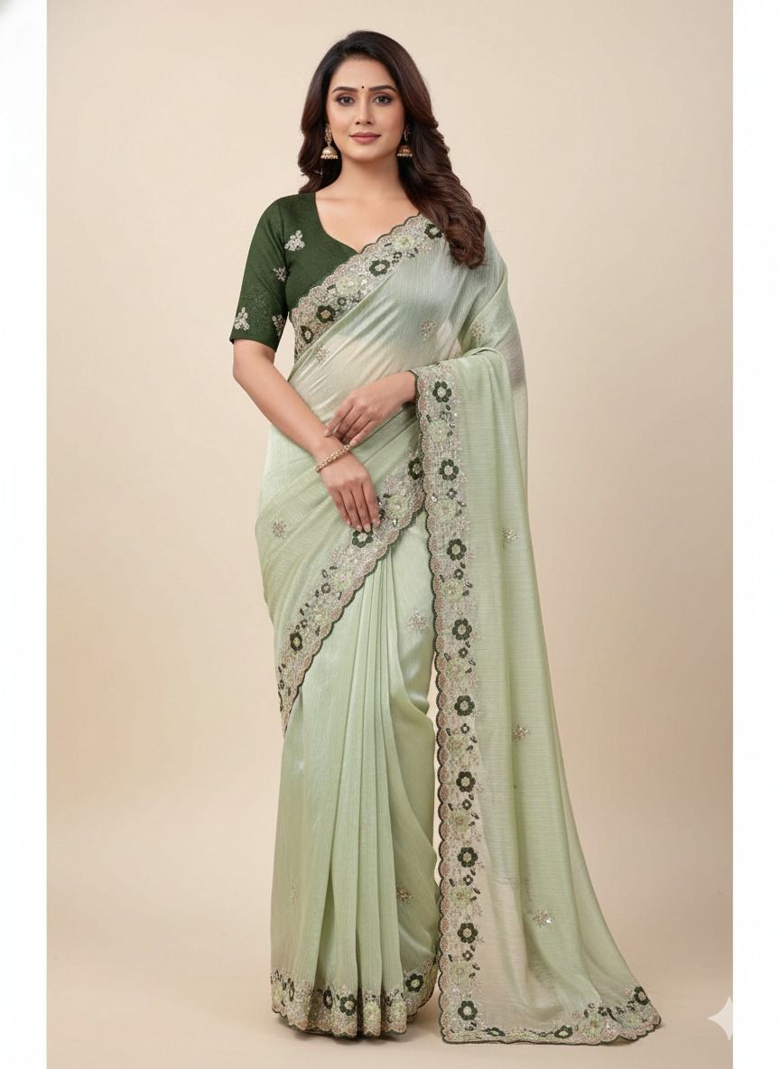 Pista Green Embroidered Saree with Floral Lace Border | UK Online