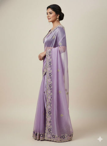 Lavender Embroidered Saree with Floral Lace Border | UK Online