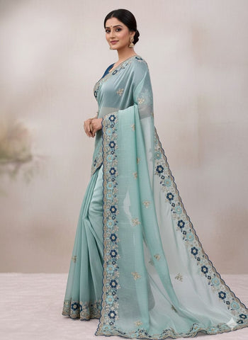 Sky Blue Embroidered Saree with Floral Lace Border | UK Online