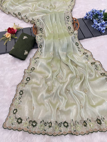 Pista Green Embroidered Saree with Floral Lace Border | UK Online