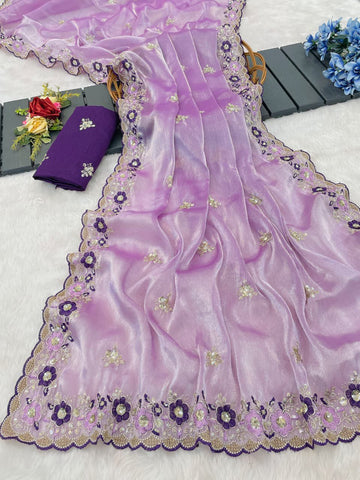 Lavender Embroidered Saree with Floral Lace Border | UK Online