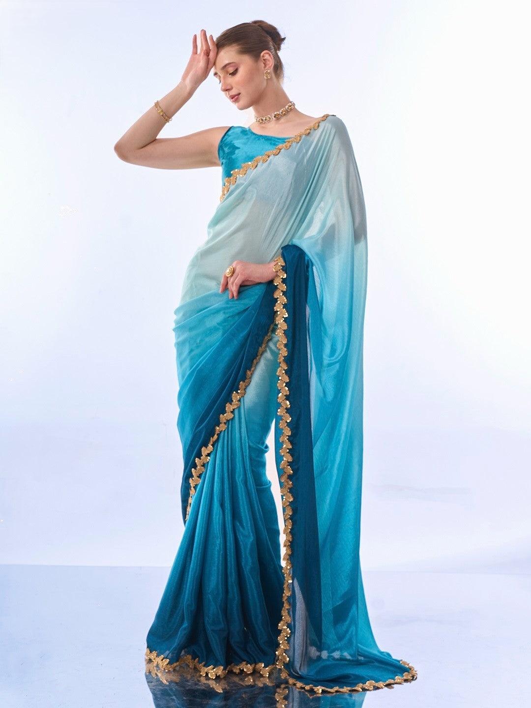 Ombre Blue Chinnon Saree with Exquisite Golden Lace Border