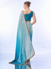 Ombre Blue Chinnon Saree with Exquisite Golden Lace Border